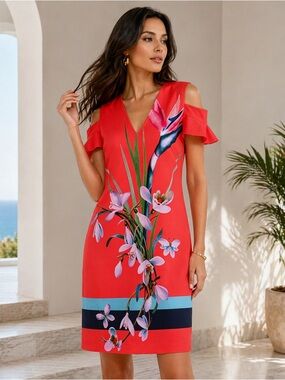 Ted Baker Red Cold-Shoulder Floral Mini Dress with Blue Accents